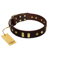 "Blinking Illusion" FDT Artisan Brown Leather English Bulldog Collar with Old Bronze-like Studs and Plates  "Blinking Illusion" FDT Artisan Brown Leather English Bulldog Collar with Old Bronze-like Studs and Plates