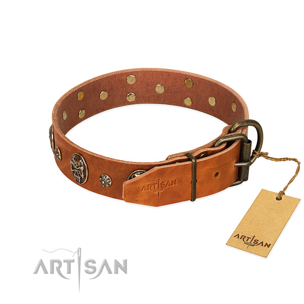 Reliable adornments on natural genuine leather dog collar for your doggie