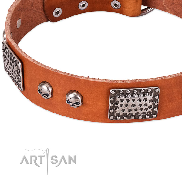 Reliable D-ring on full grain natural leather dog collar for your pet