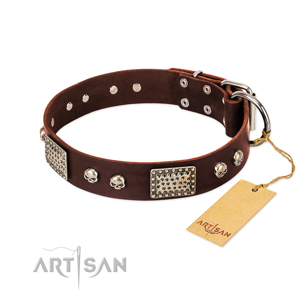 Easy to adjust natural genuine leather dog collar for stylish walking your dog