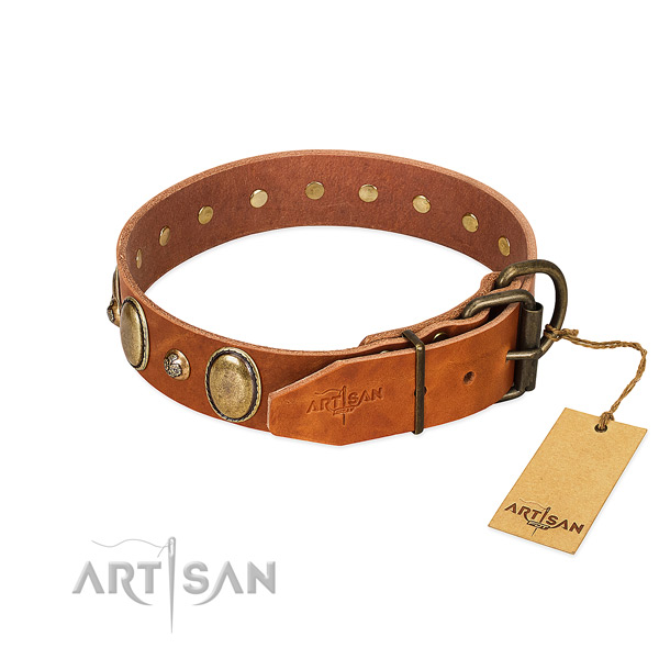 Inimitable full grain natural leather dog collar with corrosion proof buckle