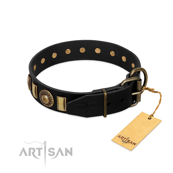 Flexible natural leather dog collar with decorations