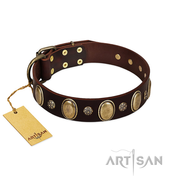 Comfortable wearing quality genuine leather dog collar with decorations