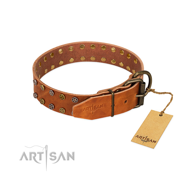 Everyday use full grain genuine leather dog collar with exquisite decorations