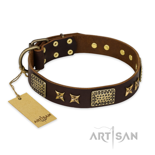 Stylish genuine leather dog collar with rust-proof traditional buckle