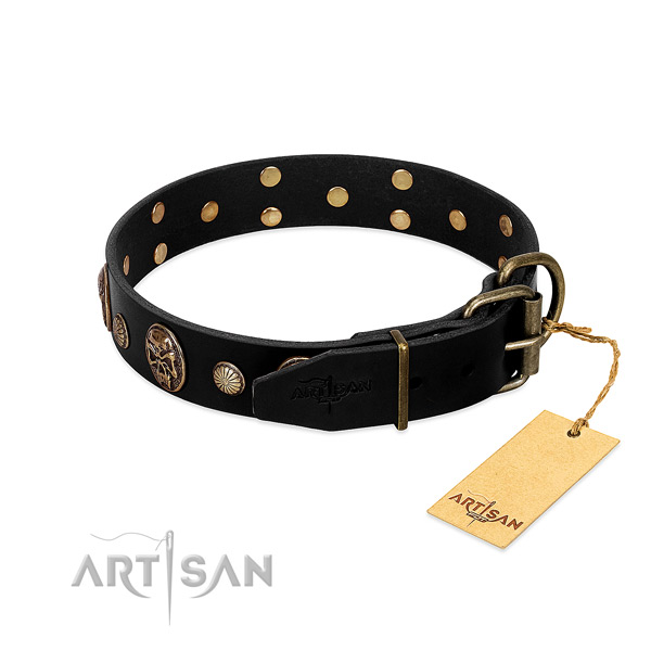 Rust-proof traditional buckle on full grain genuine leather collar for daily walking your pet