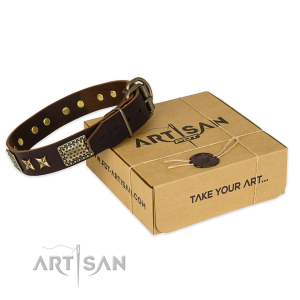 Rust-proof D-ring on full grain genuine leather collar for your impressive doggie