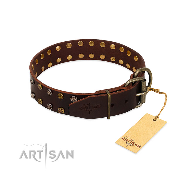 Handy use natural leather dog collar with exceptional decorations