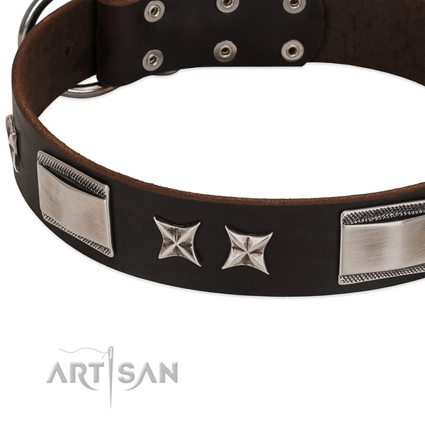 Soft leather dog collar with corrosion resistant hardware