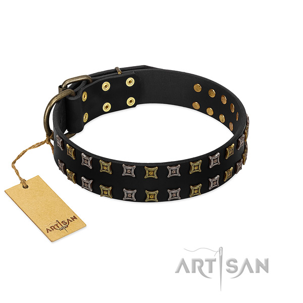 Gentle to touch full grain genuine leather dog collar with decorations for your four-legged friend