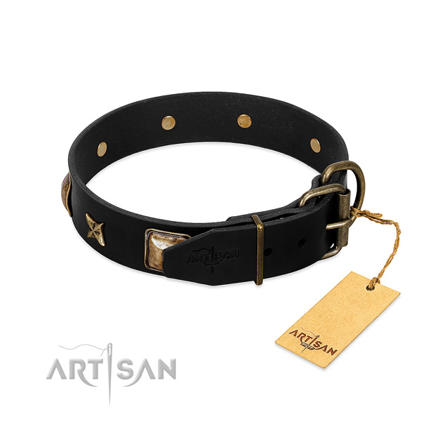 Rust resistant fittings on natural genuine leather collar for everyday walking your doggie