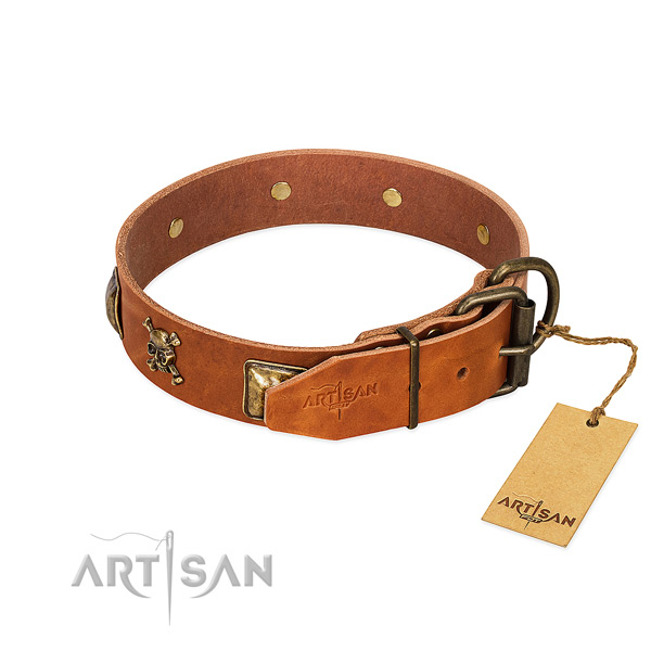 Inimitable leather dog collar with corrosion resistant adornments