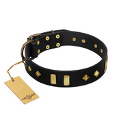 "De Luxe" FDT Artisan Black Leather English Bulldog Collar with Old Bronze-like Plates and Studs  "De Luxe" FDT Artisan Black Leather English Bulldog Collar with Old Bronze-like Plates and Studs