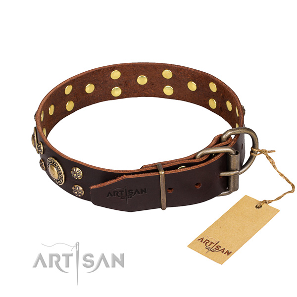 Walking natural genuine leather collar with adornments for your pet