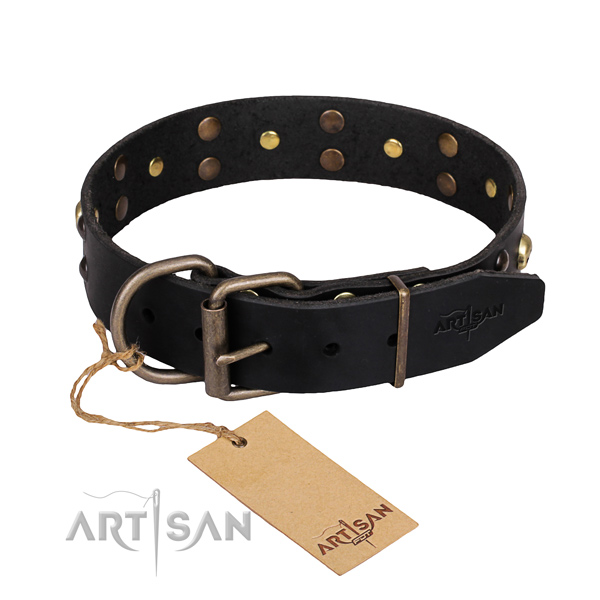 Resistant leather dog collar with reliable elements