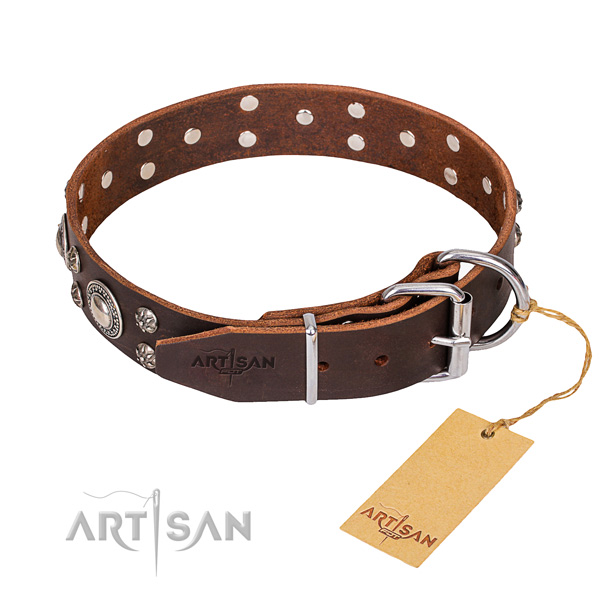 Full grain natural leather dog collar with worked out exterior